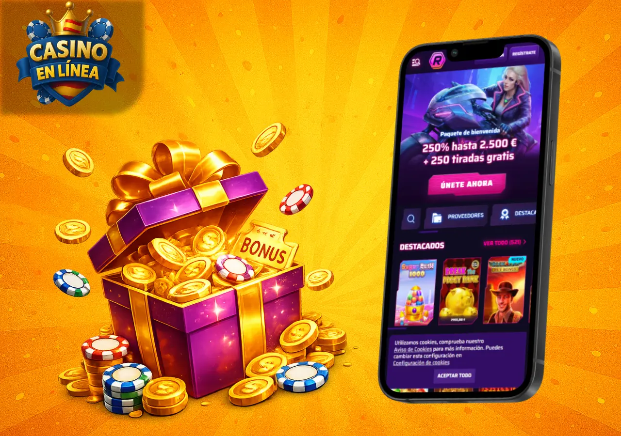 Bono de bienvenida en casino online con regalo, monedas y app móvil