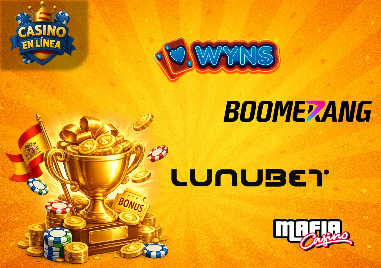 Mejores casinos online en España con logos, trofeo dorado y fichas de juego